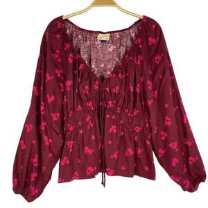 Universal Thread  Linen Blend Floral Babydoll Blouse Women L Maroon Boho Peasant